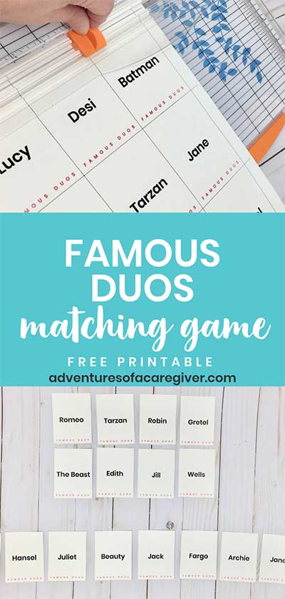 Senior friendly Famous Duos game created especially for Alzheimer's and dementia patients. Free printable game cards. #alzheimers #dementia