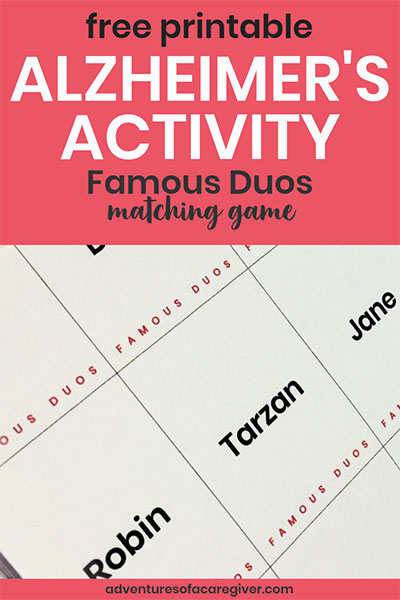 Senior friendly Famous Duos game created especially for Alzheimer's and dementia patients. Free printable game cards. #alzheimers #dementia