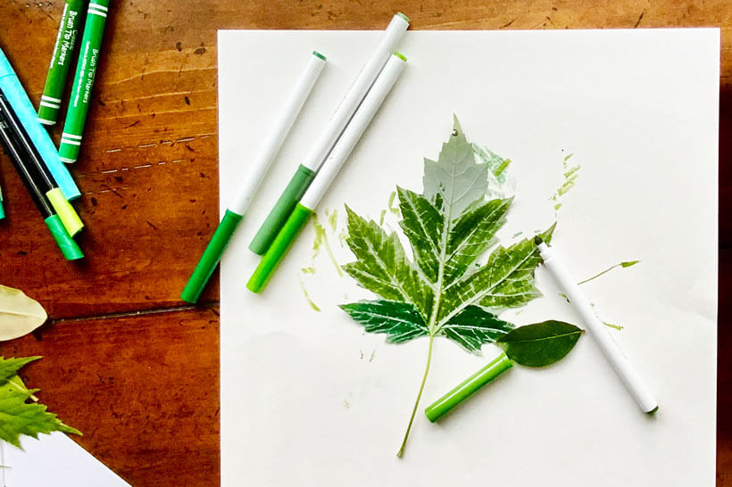 Coloing leaf with markers for leaf print dementia craft-